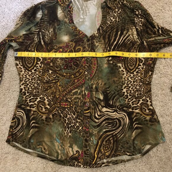 Vintage Y2K Animal Paisley Print Ruched Sleeve Button Up Top - Picture 12 of 16